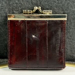 Vintage Brown Eel Skin Wallet Unused Kiss Lock Clasp Trifold Small Purse Korea